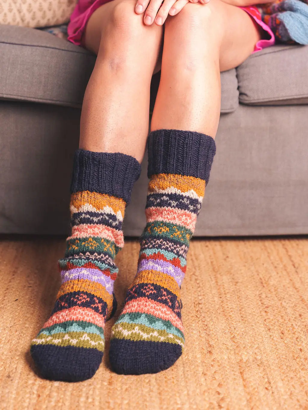 Long Fairisle Socks - Navy/Mustard