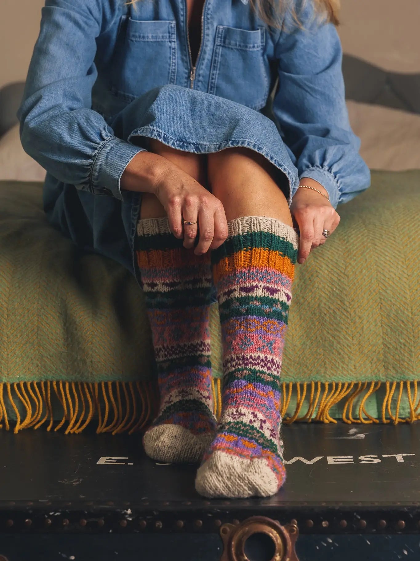 Long Fairisle Socks - Green/Mustard