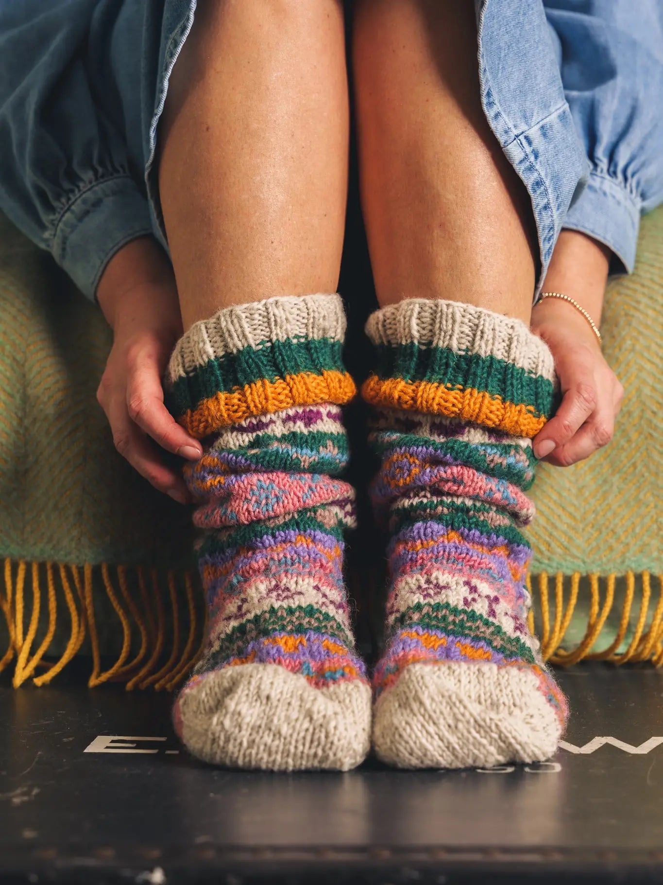 Long Fairisle Socks - Green/Mustard