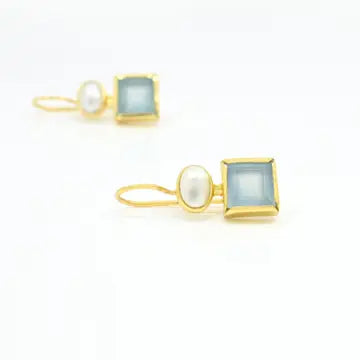 Pearl and Blue Chalcedony Drop Earrings