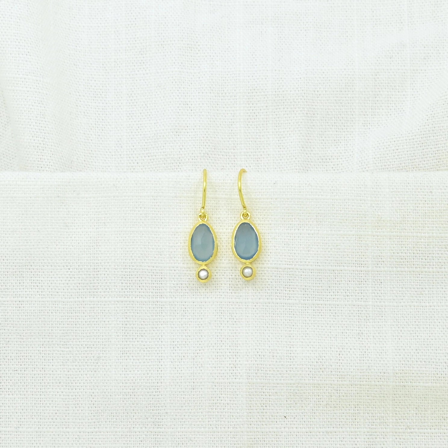 Blue and Chalcedony and Pearl Drop Earrings