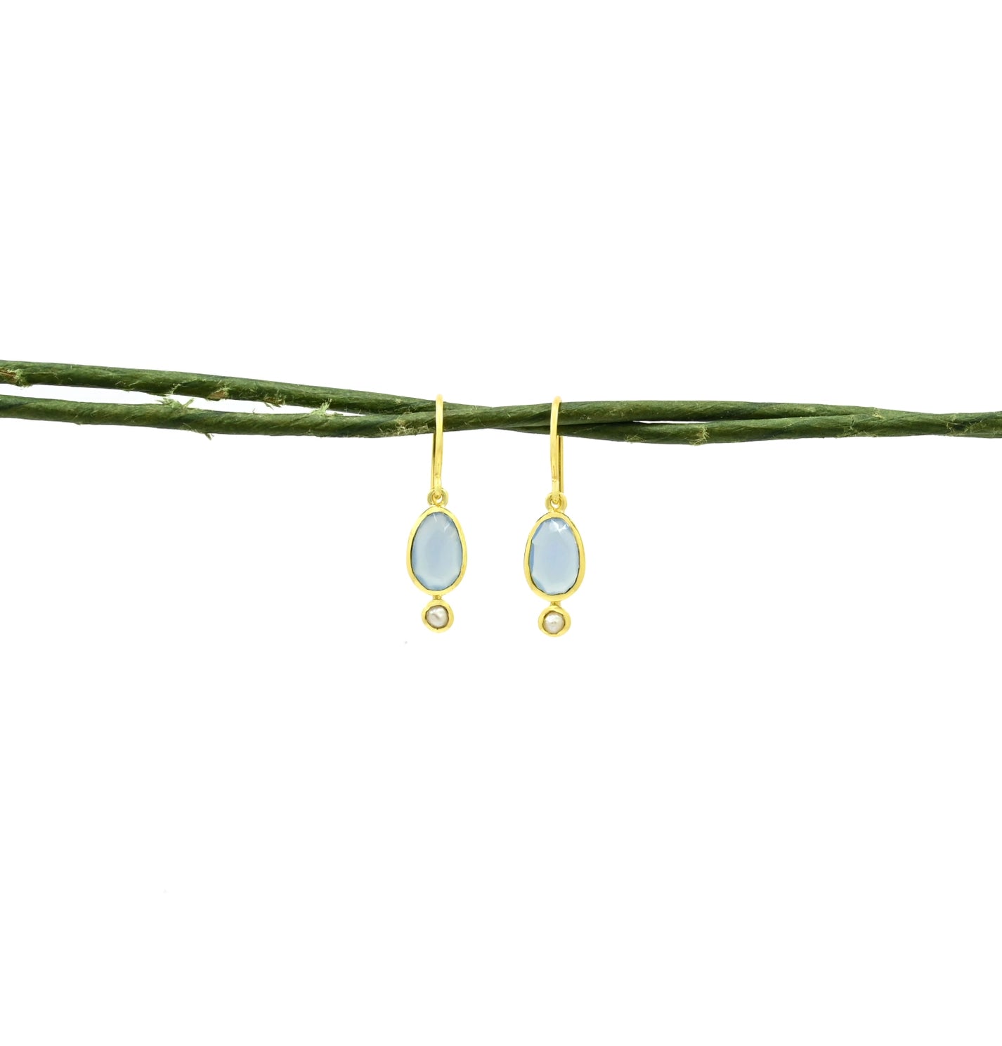 Blue and Chalcedony and Pearl Drop Earrings