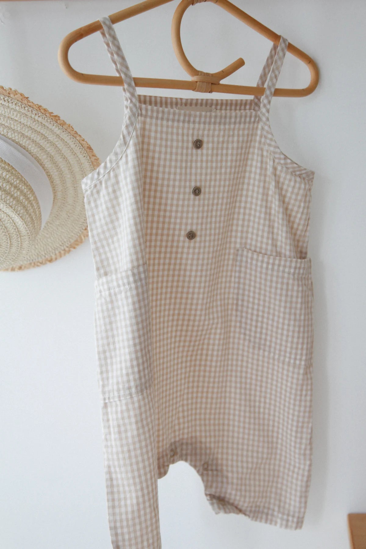 Short Dungarees - Beige Gingham