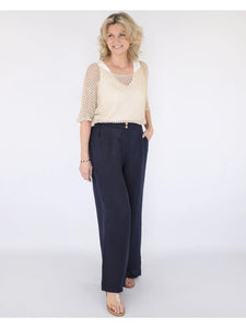Wide Leg Linen Trousers - Navy