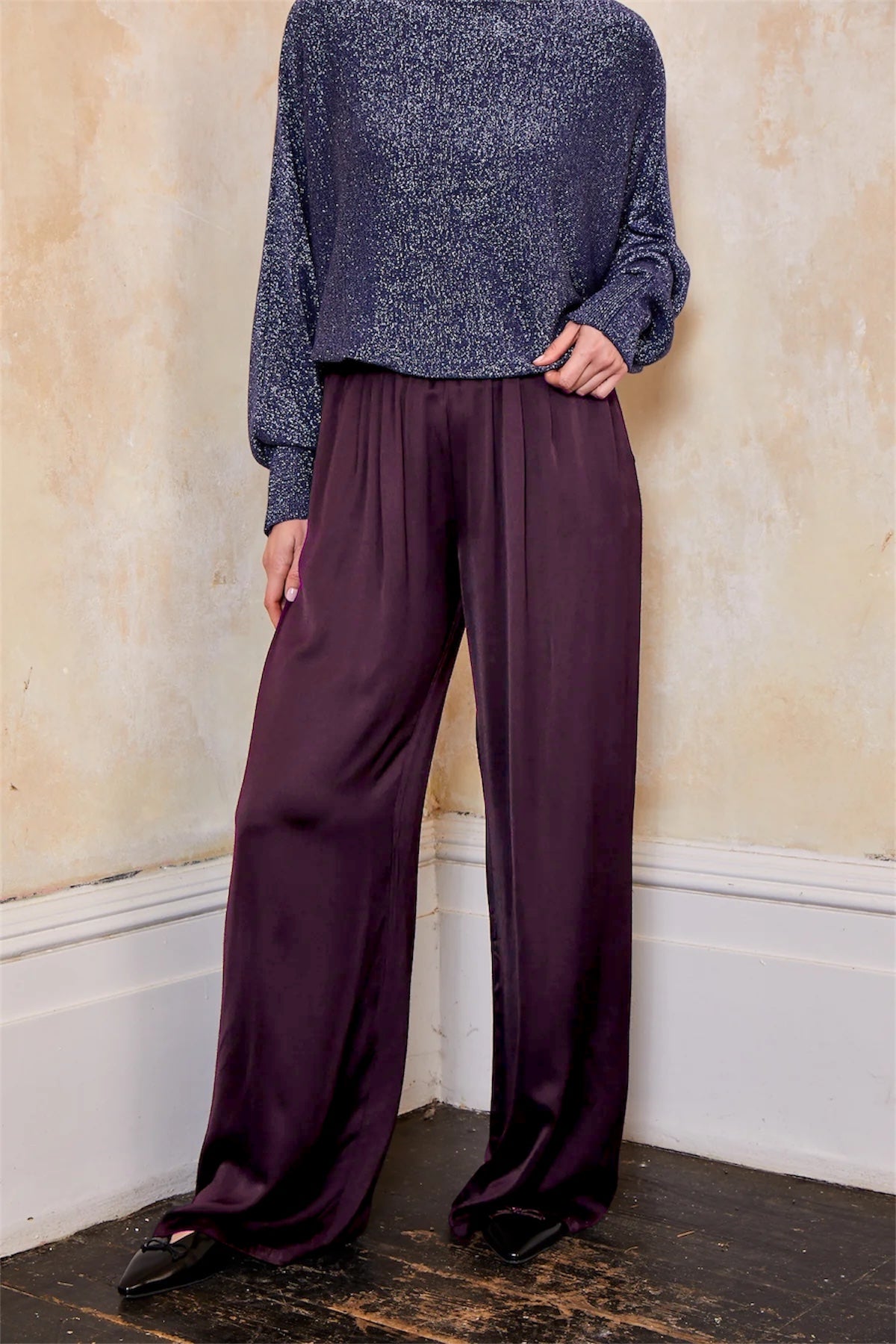 Shirley Satin Palazzos - Eggplant
